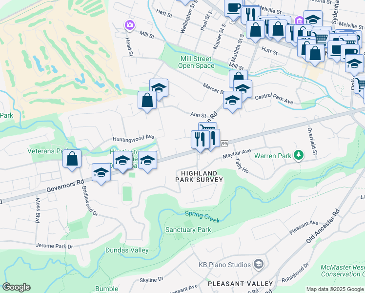map of restaurants, bars, coffee shops, grocery stores, and more near 249 Governors Road in Hamilton