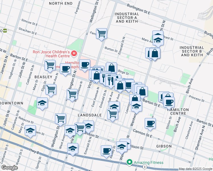 map of restaurants, bars, coffee shops, grocery stores, and more near 265 Emerald Street North in Hamilton
