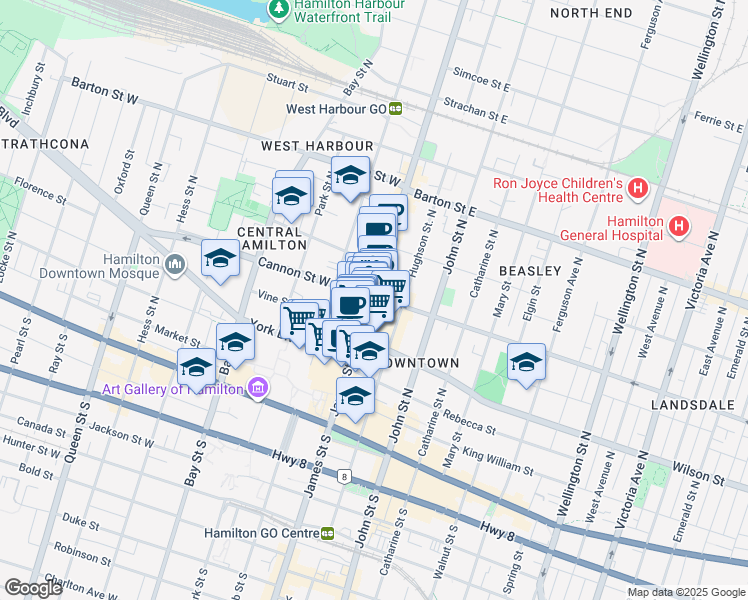 map of restaurants, bars, coffee shops, grocery stores, and more near 154 James Street North in Hamilton