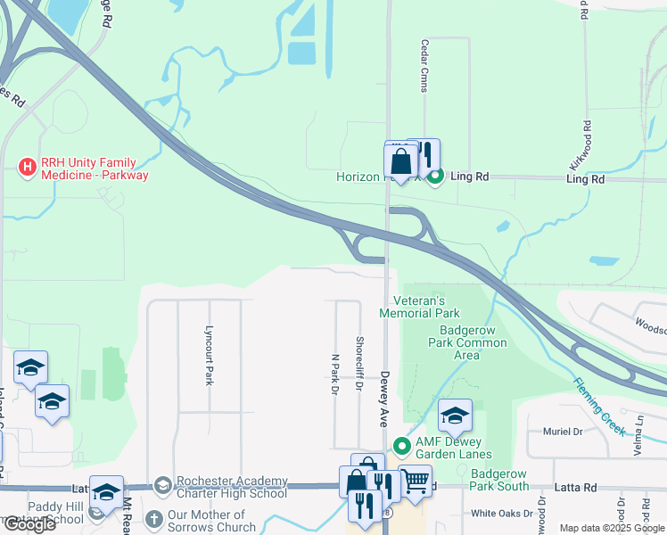 map of restaurants, bars, coffee shops, grocery stores, and more near 288 Shorecliff Drive in Rochester