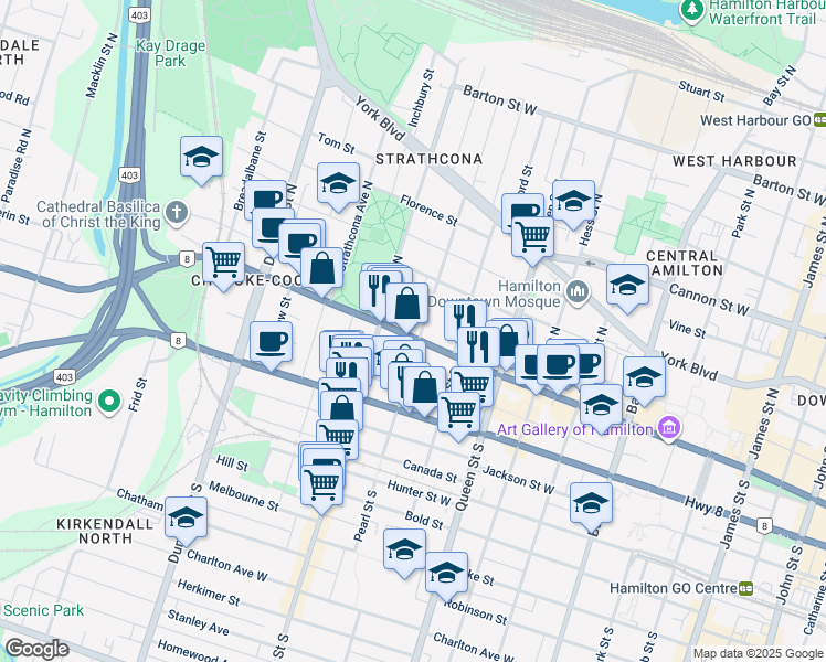 map of restaurants, bars, coffee shops, grocery stores, and more near in Hamilton