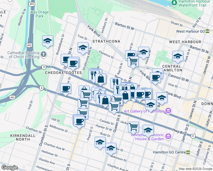 map of restaurants, bars, coffee shops, grocery stores, and more near 10 Pearl Street North in Hamilton