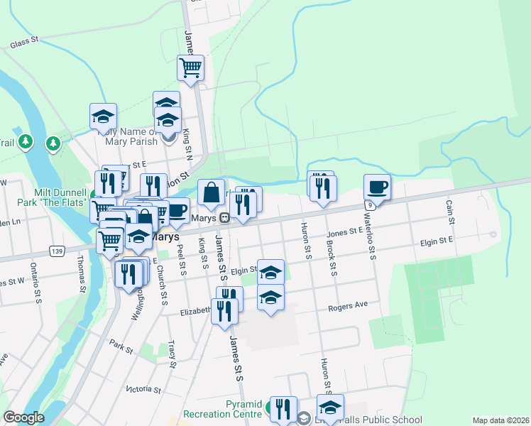 map of restaurants, bars, coffee shops, grocery stores, and more near 18 Saint Andrew Street South in Saint Marys
