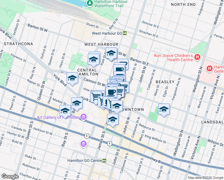 map of restaurants, bars, coffee shops, grocery stores, and more near 15 Cannon Street West in Hamilton