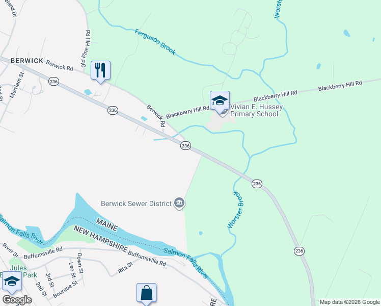 map of restaurants, bars, coffee shops, grocery stores, and more near 92 Maine 236 in Berwick