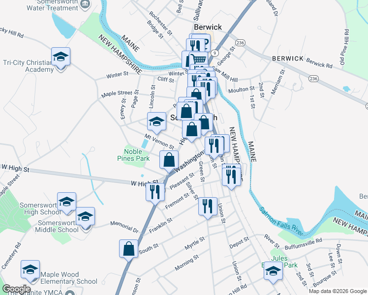 map of restaurants, bars, coffee shops, grocery stores, and more near 132 High Street in Somersworth