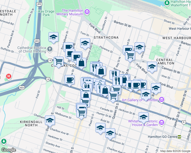 map of restaurants, bars, coffee shops, grocery stores, and more near 473 King Street West in Hamilton