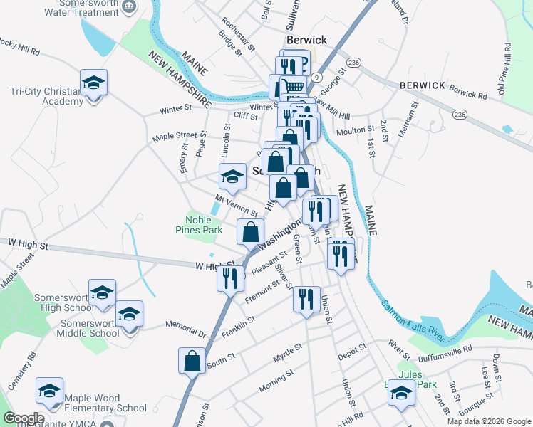 map of restaurants, bars, coffee shops, grocery stores, and more near 132 High Street in Somersworth