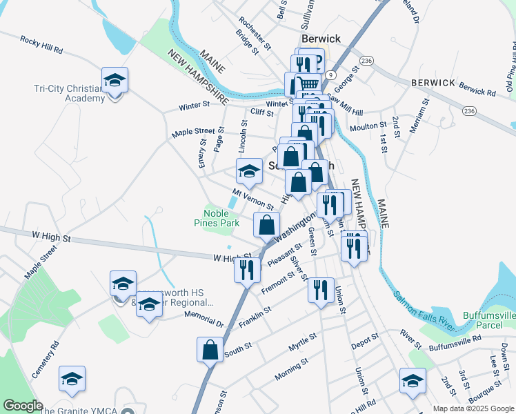 map of restaurants, bars, coffee shops, grocery stores, and more near 10 Noble Street in Somersworth