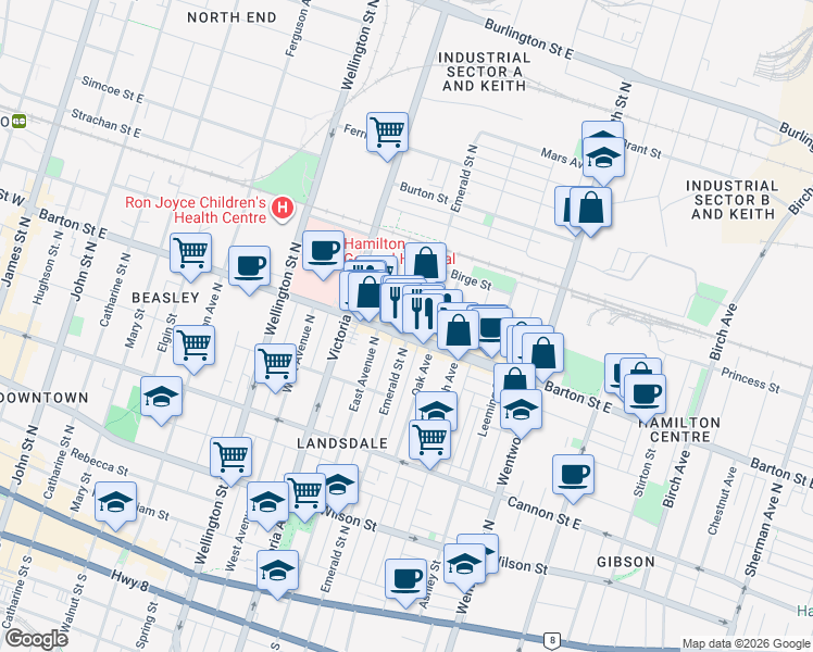 map of restaurants, bars, coffee shops, grocery stores, and more near 256 Emerald Street North in Hamilton