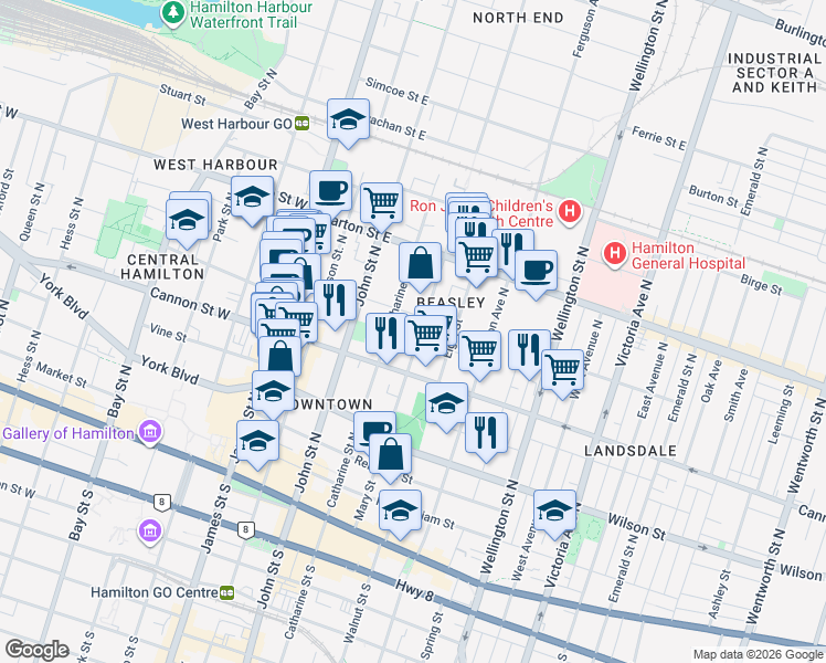 map of restaurants, bars, coffee shops, grocery stores, and more near in Hamilton