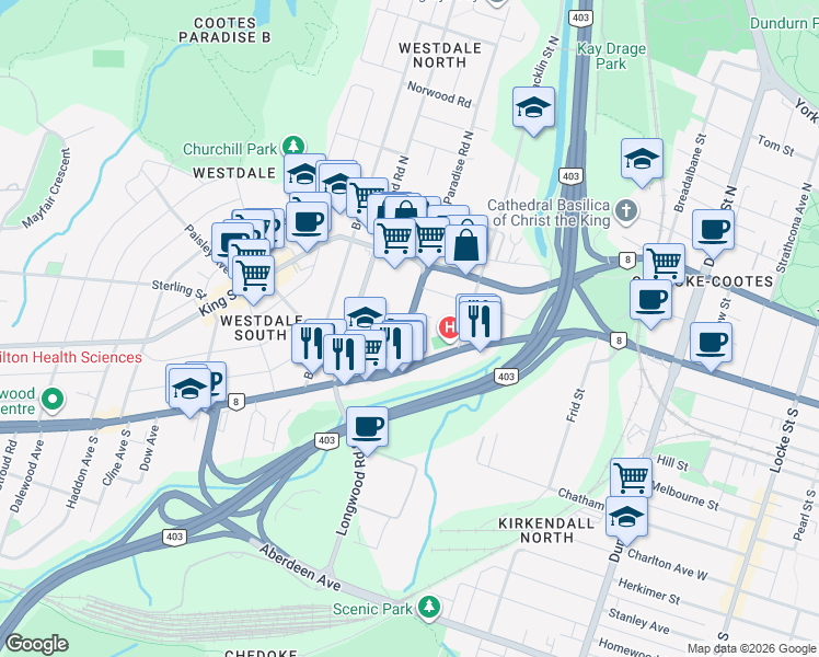 map of restaurants, bars, coffee shops, grocery stores, and more near 75 Hamilton Regional Road 8 in Hamilton