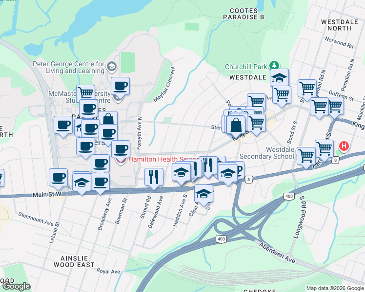 map of restaurants, bars, coffee shops, grocery stores, and more near 11 Dromore Crescent in Hamilton