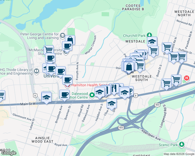 map of restaurants, bars, coffee shops, grocery stores, and more near 20 Dalewood Crescent in Hamilton