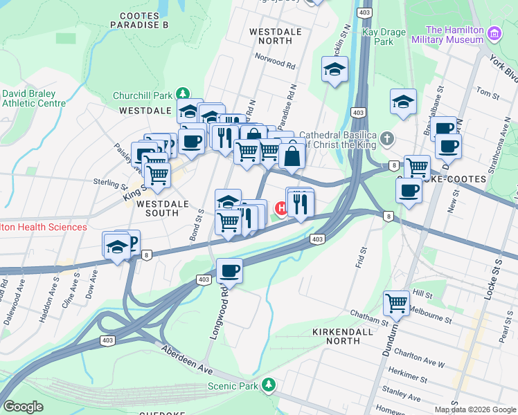 map of restaurants, bars, coffee shops, grocery stores, and more near 53 Paradise Road South in Hamilton