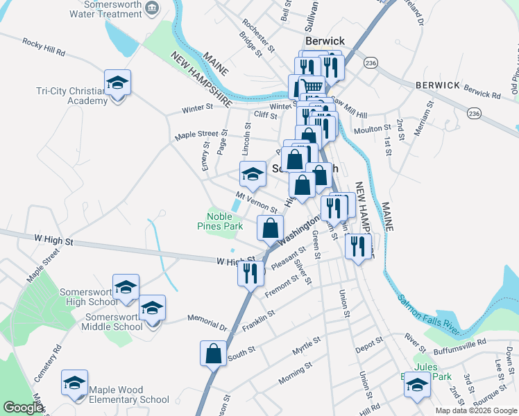 map of restaurants, bars, coffee shops, grocery stores, and more near 22 Grove Street in Somersworth