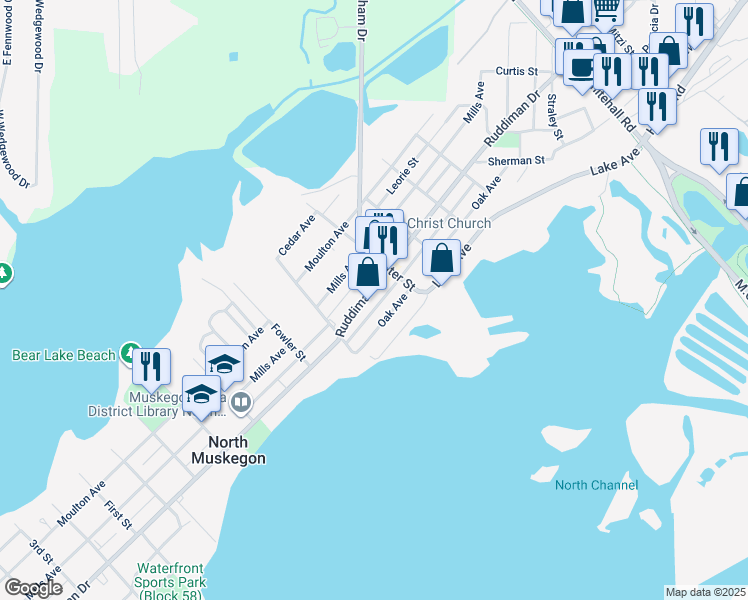 map of restaurants, bars, coffee shops, grocery stores, and more near 1843 Mills Avenue in North Muskegon