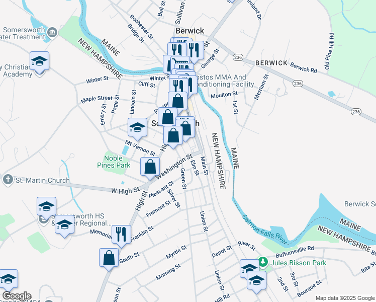 map of restaurants, bars, coffee shops, grocery stores, and more near 77 Main Street in Somersworth