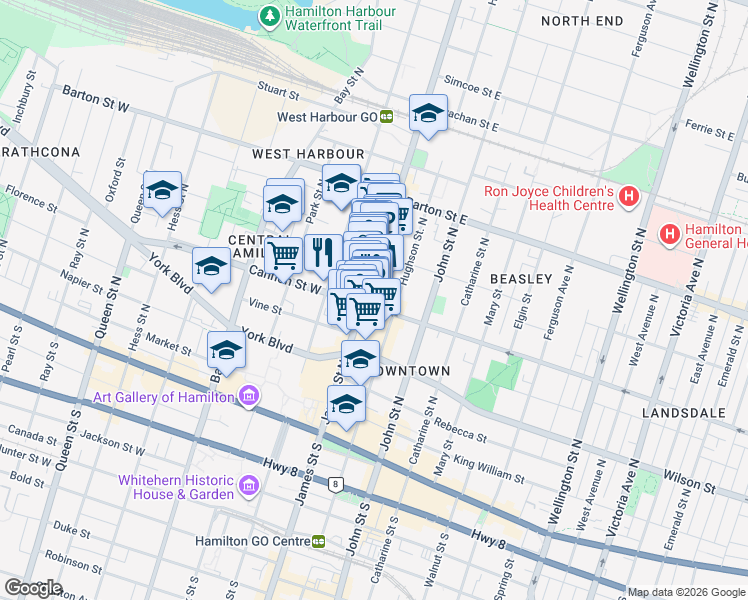 map of restaurants, bars, coffee shops, grocery stores, and more near 166 James Street North in Hamilton