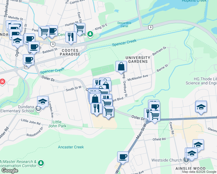 map of restaurants, bars, coffee shops, grocery stores, and more near 11 Colmar Place in Hamilton