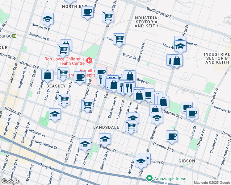 map of restaurants, bars, coffee shops, grocery stores, and more near 313 Barton Street East in Hamilton