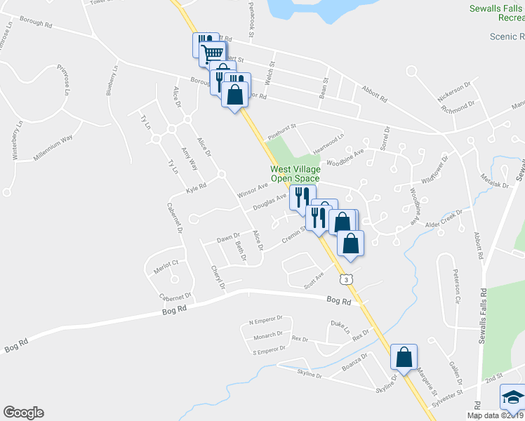 map of restaurants, bars, coffee shops, grocery stores, and more near 11 Douglas Avenue in Concord