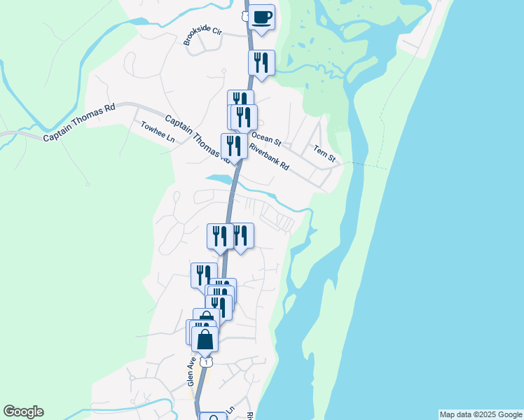 map of restaurants, bars, coffee shops, grocery stores, and more near 7 Littlefield Village Road in Ogunquit