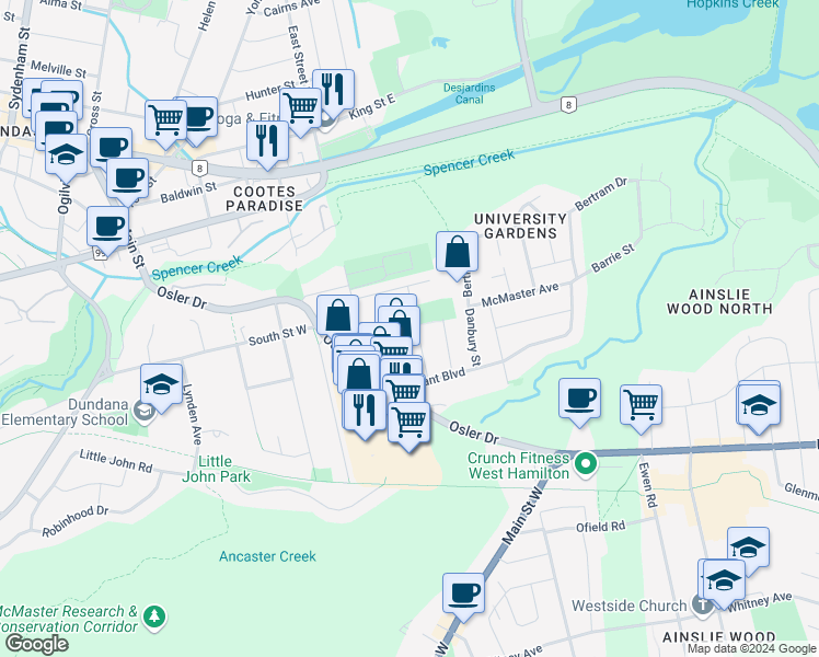 map of restaurants, bars, coffee shops, grocery stores, and more near 11 Colmar Place in Hamilton