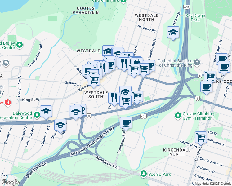 map of restaurants, bars, coffee shops, grocery stores, and more near 83 Bond Street South in Hamilton