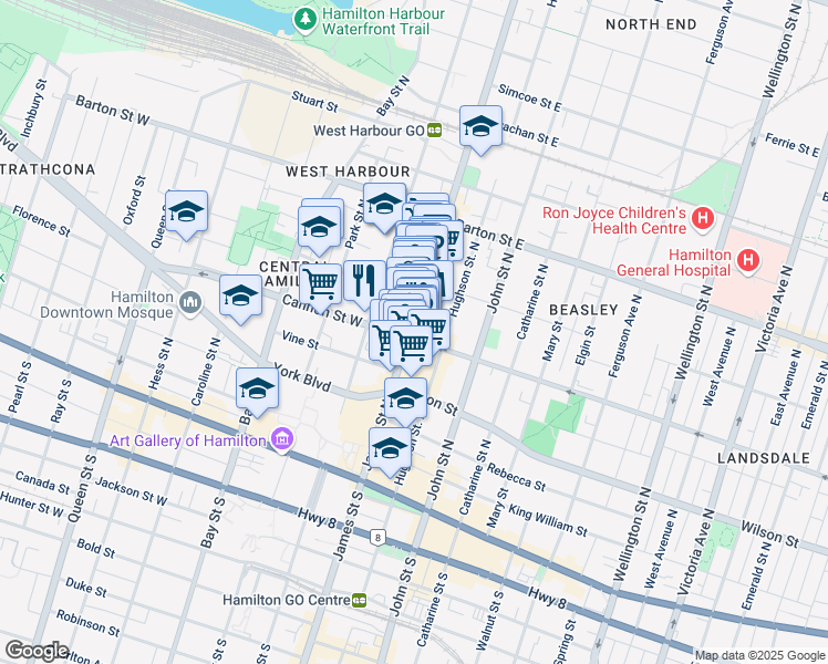 map of restaurants, bars, coffee shops, grocery stores, and more near 166 James Street North in Hamilton