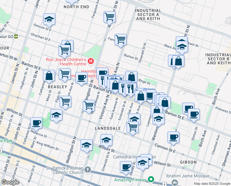 map of restaurants, bars, coffee shops, grocery stores, and more near 313 Barton Street East in Hamilton