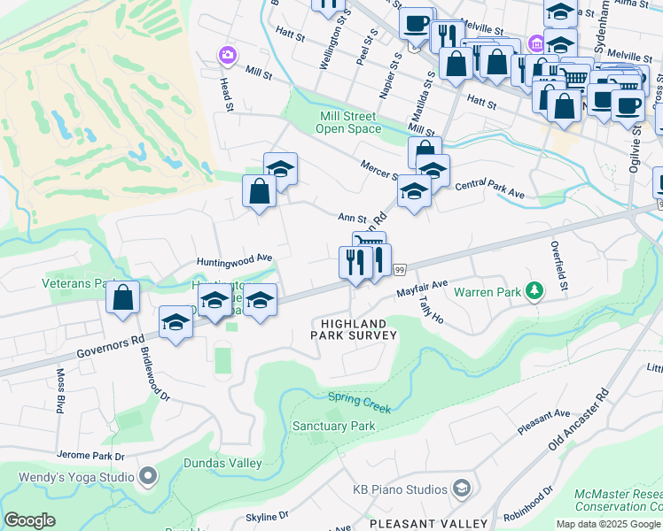 map of restaurants, bars, coffee shops, grocery stores, and more near 10 Begue Street in Hamilton