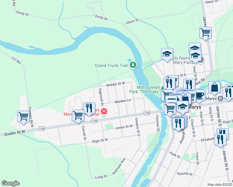 map of restaurants, bars, coffee shops, grocery stores, and more near 508 Salina Street North in Saint Marys