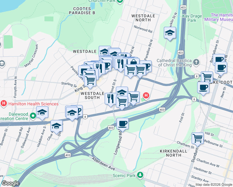 map of restaurants, bars, coffee shops, grocery stores, and more near 72 Longwood Road South in Hamilton