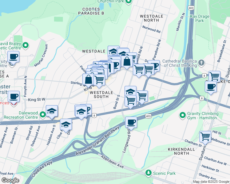 map of restaurants, bars, coffee shops, grocery stores, and more near 47 Marion Avenue South in Hamilton