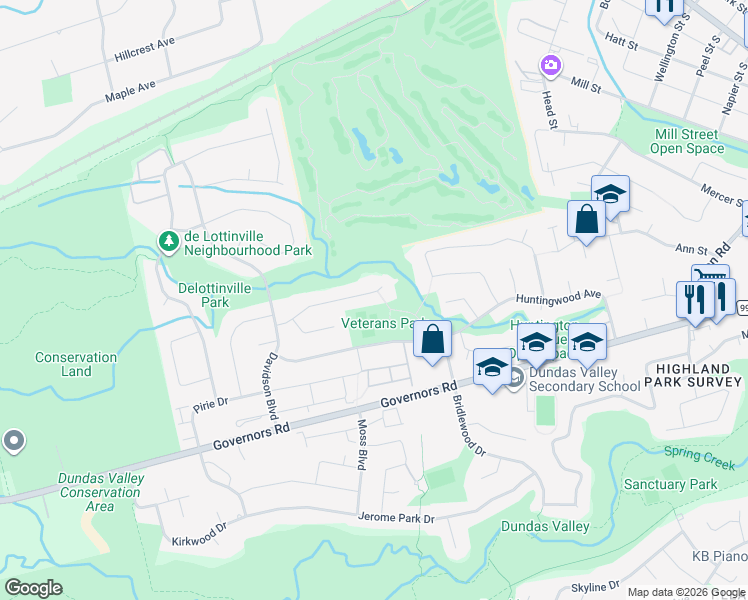 map of restaurants, bars, coffee shops, grocery stores, and more near 47 Macdougall Drive in Hamilton