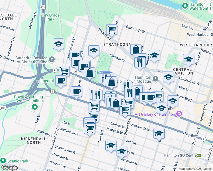 map of restaurants, bars, coffee shops, grocery stores, and more near in Hamilton