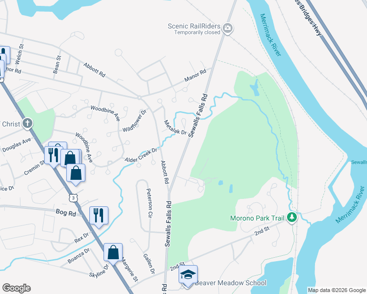 map of restaurants, bars, coffee shops, grocery stores, and more near 132 Sewalls Falls Road in Concord
