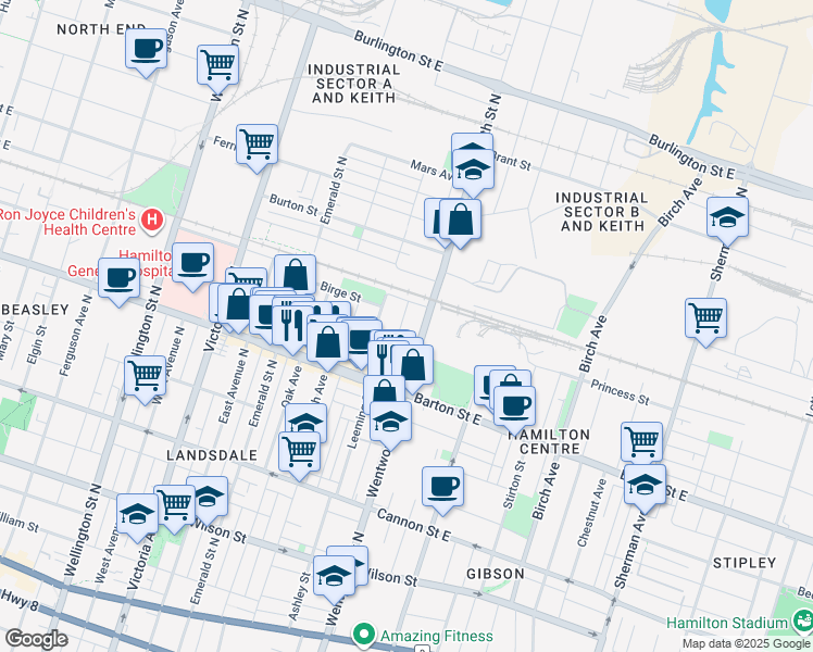 map of restaurants, bars, coffee shops, grocery stores, and more near 60 William Street in Hamilton