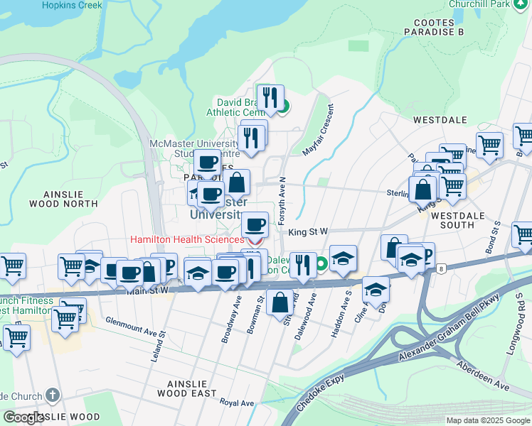 map of restaurants, bars, coffee shops, grocery stores, and more near 1280 Main Street West in Hamilton