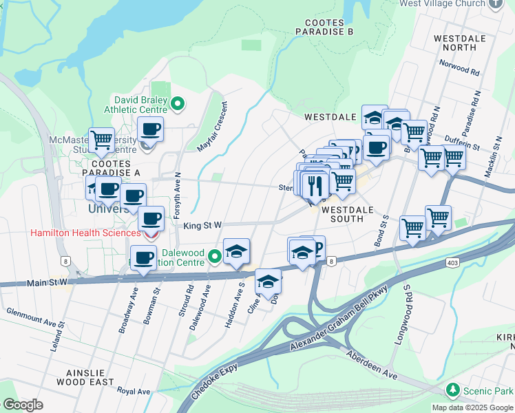 map of restaurants, bars, coffee shops, grocery stores, and more near 48 Dromore Crescent in Hamilton
