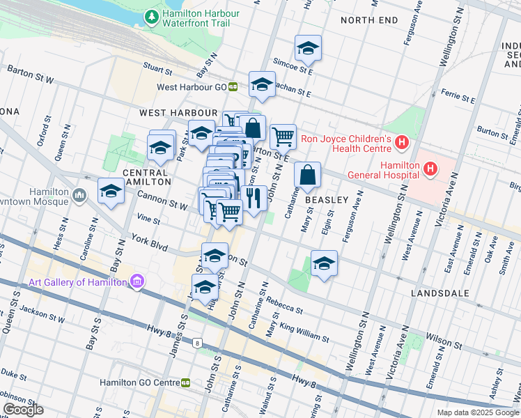 map of restaurants, bars, coffee shops, grocery stores, and more near 181 John Street North in Hamilton