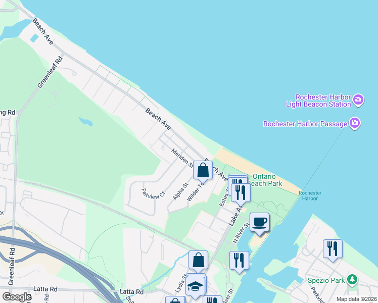 map of restaurants, bars, coffee shops, grocery stores, and more near 356 Beach Avenue in Rochester