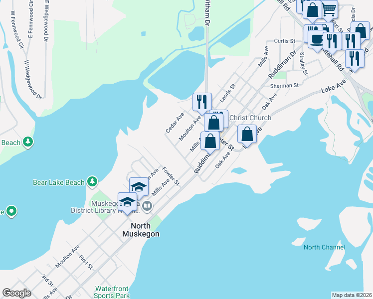 map of restaurants, bars, coffee shops, grocery stores, and more near 1830 Mills Avenue in Muskegon