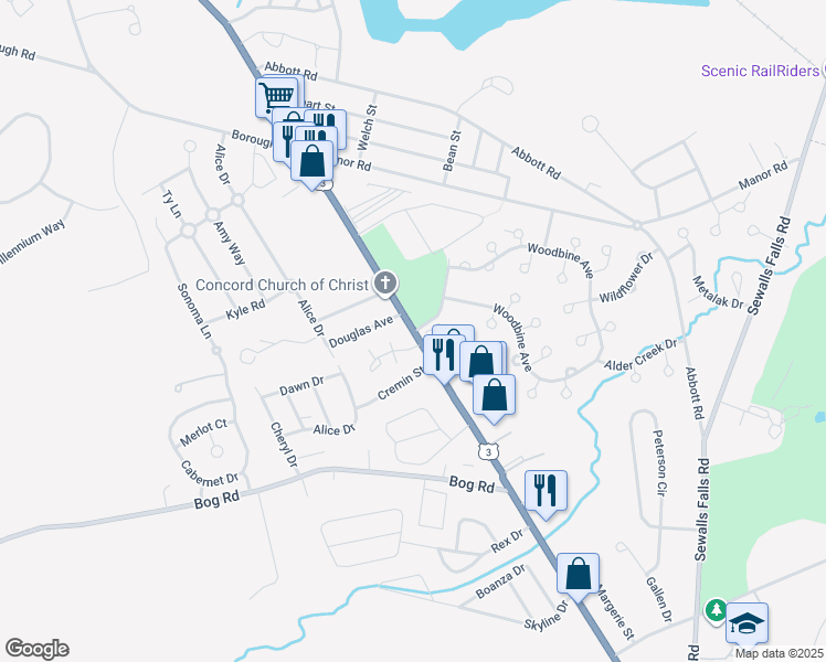 map of restaurants, bars, coffee shops, grocery stores, and more near Fisherville Rd & Mayflower Rd in Concord