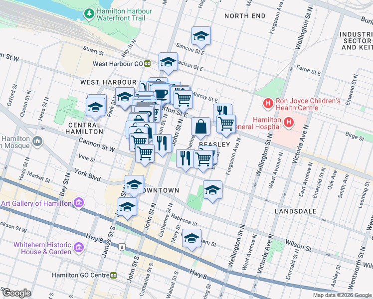 map of restaurants, bars, coffee shops, grocery stores, and more near 199 Catharine Street North in Hamilton