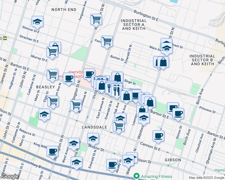 map of restaurants, bars, coffee shops, grocery stores, and more near in Hamilton