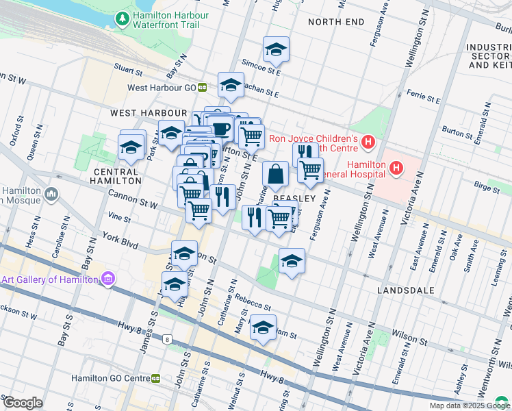 map of restaurants, bars, coffee shops, grocery stores, and more near in Hamilton