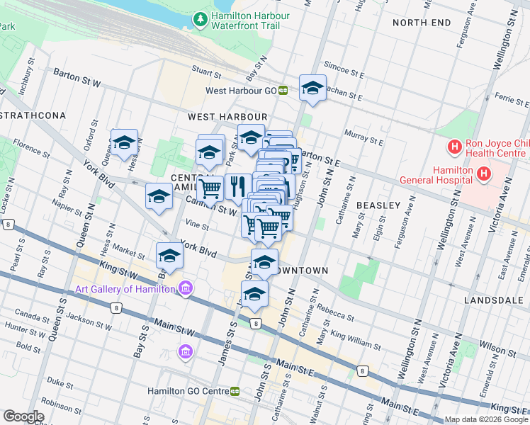 map of restaurants, bars, coffee shops, grocery stores, and more near 166 James Street North in Hamilton