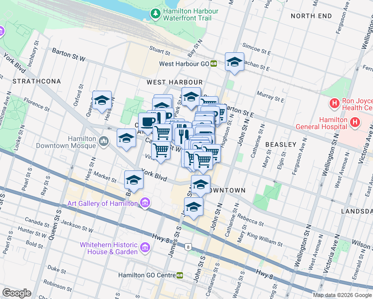 map of restaurants, bars, coffee shops, grocery stores, and more near 129 MacNab Street North in Hamilton